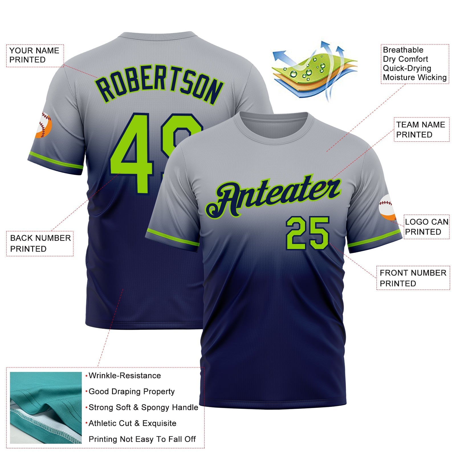 Custom Gray Neon Green-Navy Fade Fashion Performance T-Shirt view 3