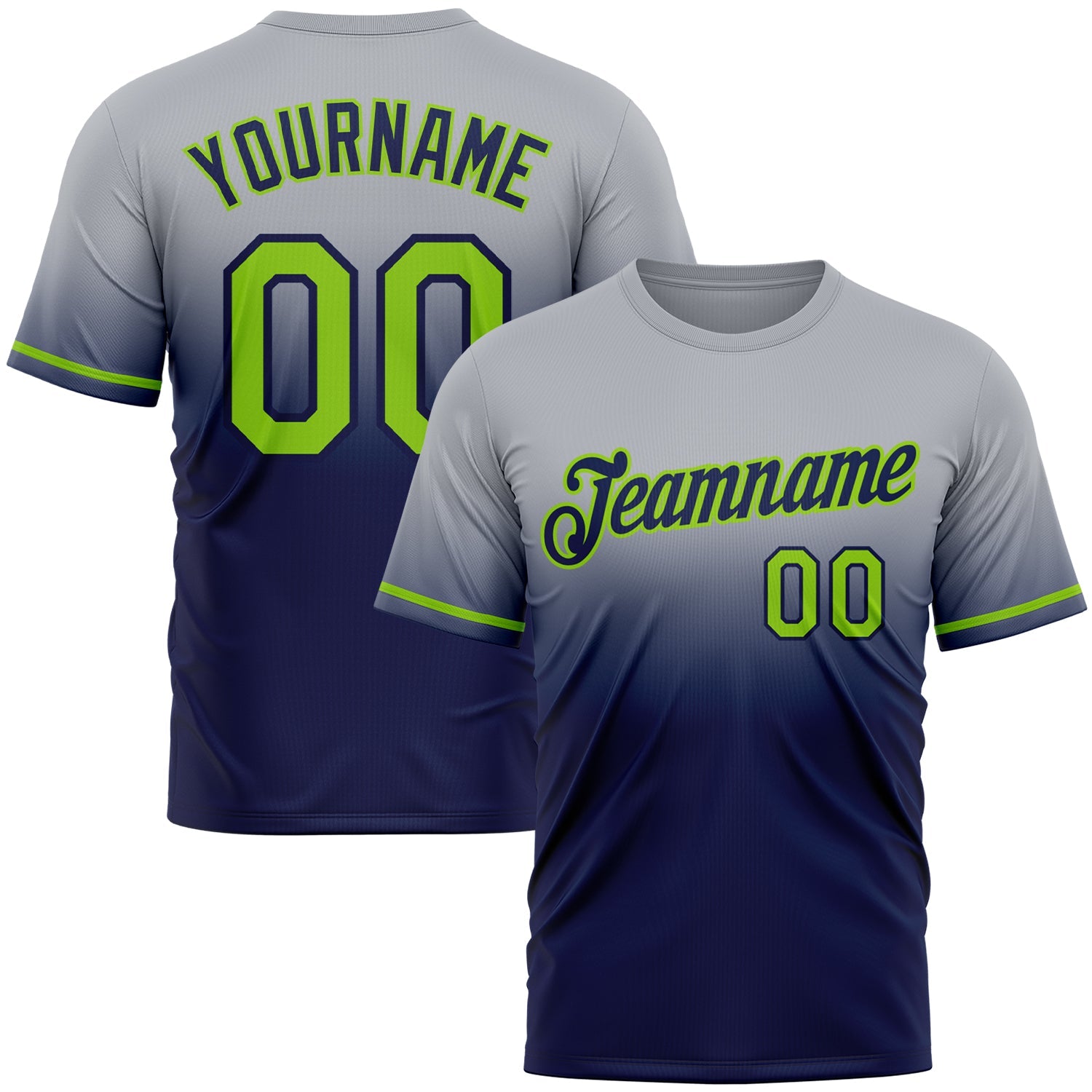 Custom Gray Neon Green-Navy Fade Fashion Performance T-Shirt - Main View