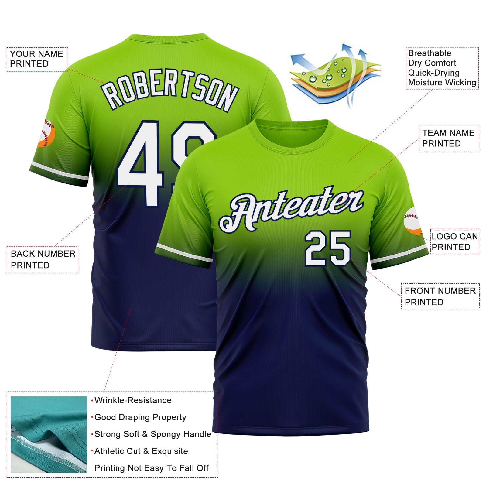 Custom Neon Green White-Navy Fade Fashion Performance T-Shirt view 3