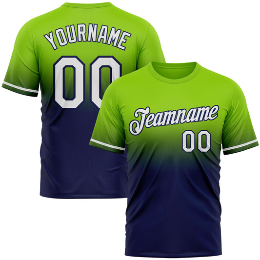 Custom Neon Green White-Navy Fade Fashion Performance T-Shirt - Main View