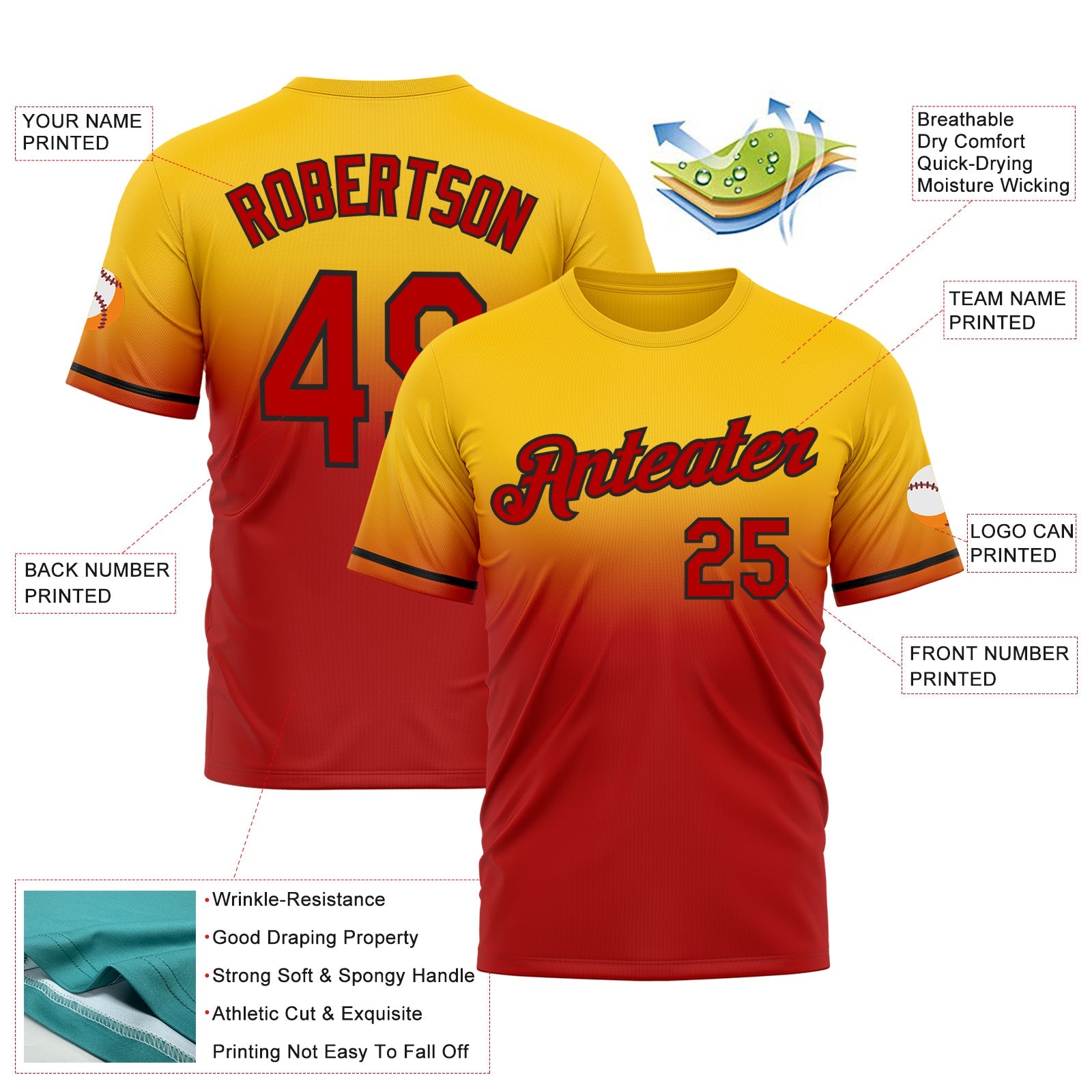 Custom Yellow Red-Black Fade Fashion Performance T-Shirt view 3