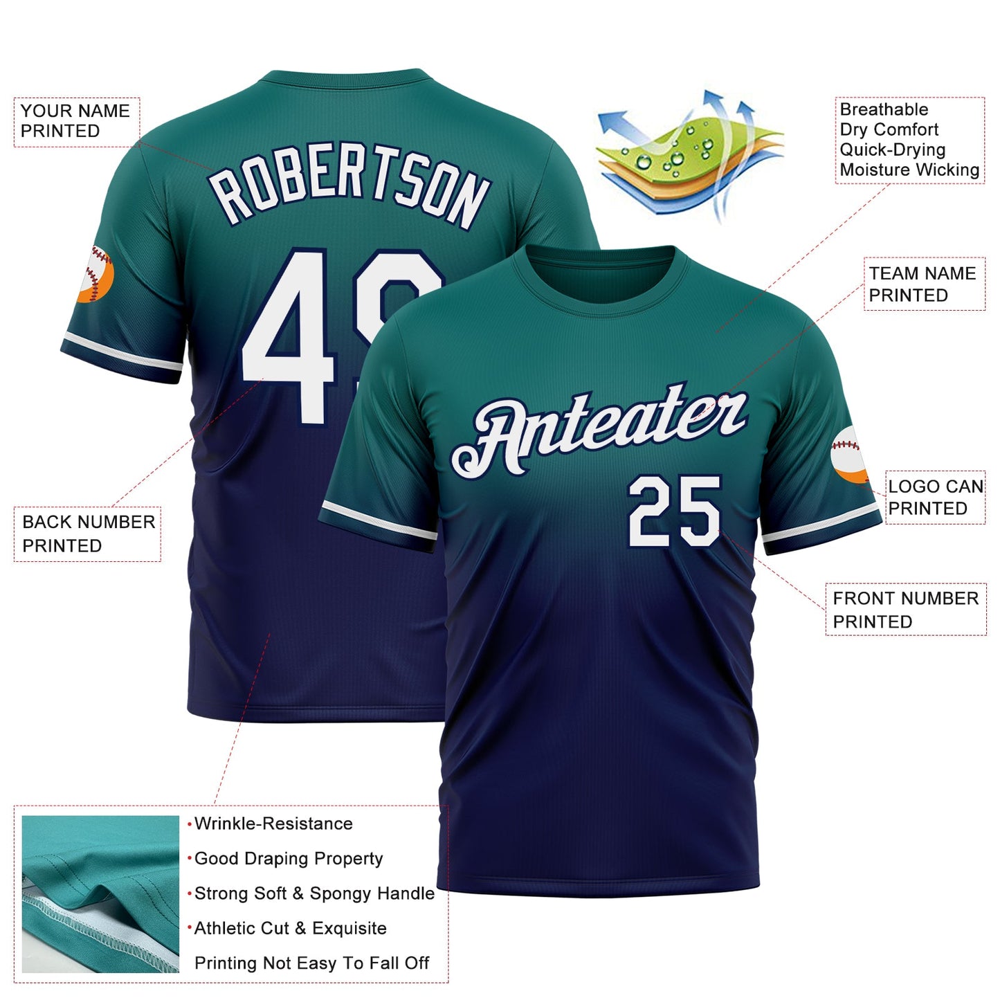 Custom Teal White-Navy Fade Fashion Performance T-Shirt view 3