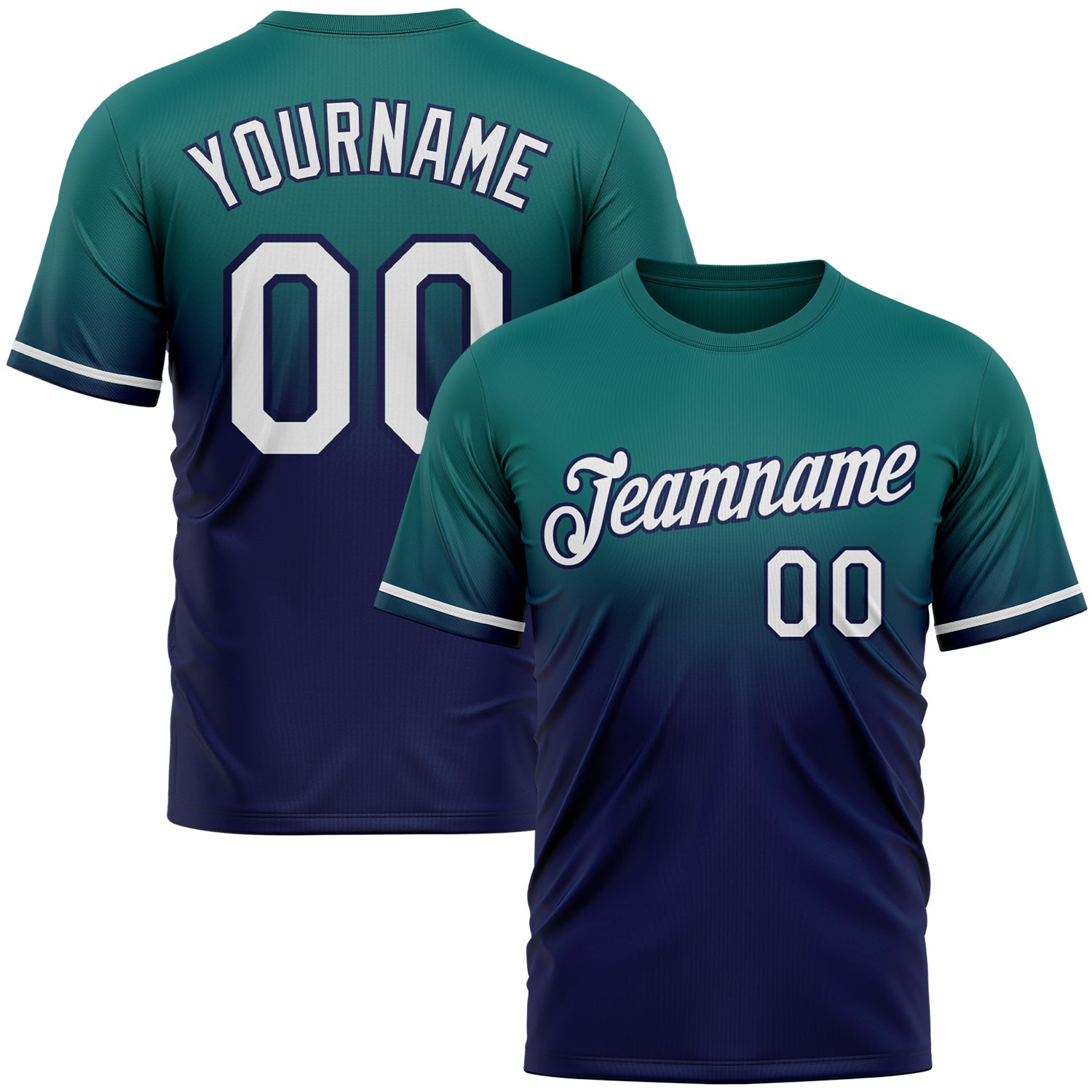 Custom Teal White-Navy Fade Fashion Performance T-Shirt - Main View