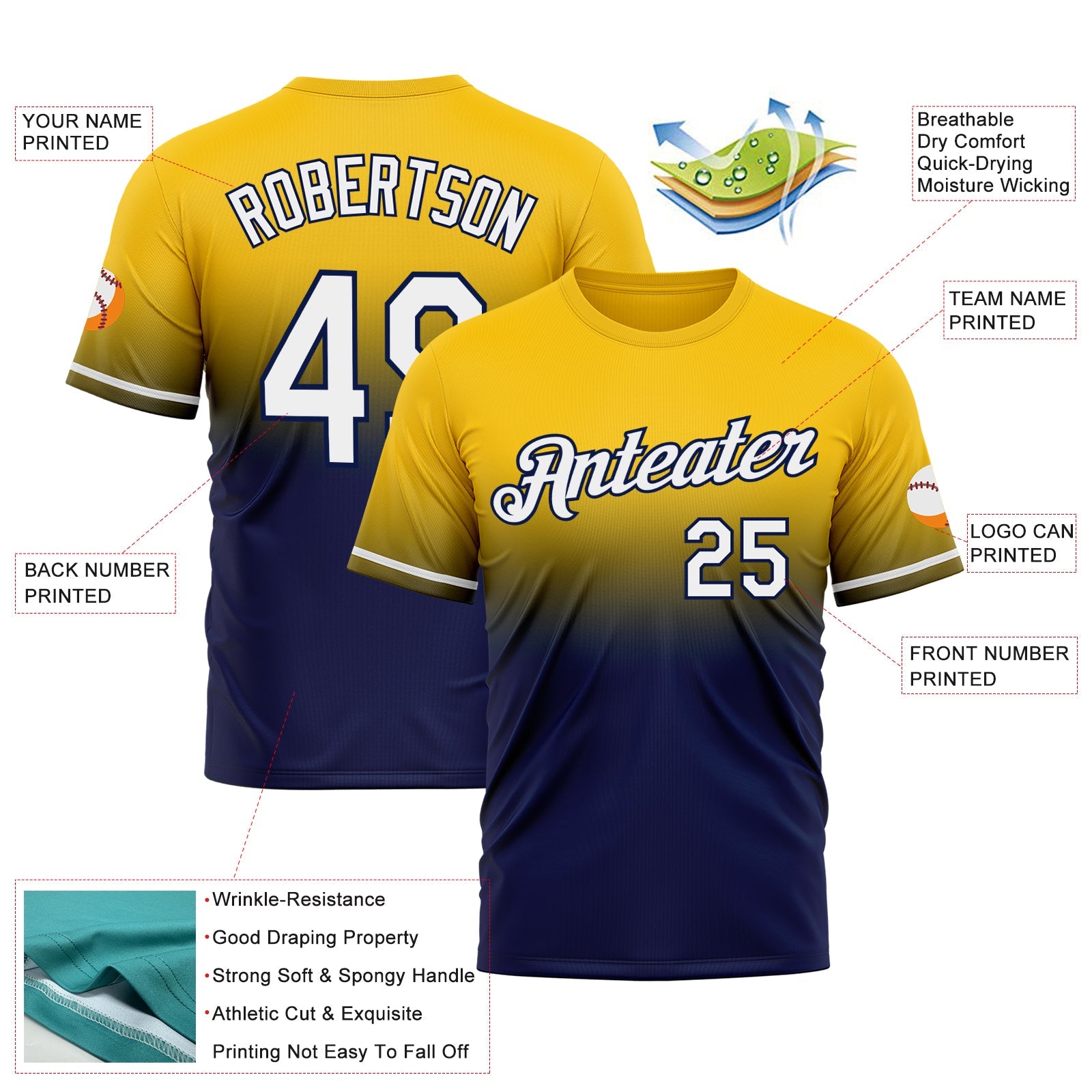 Custom Yellow White-Navy Fade Fashion Performance T-Shirt view 3