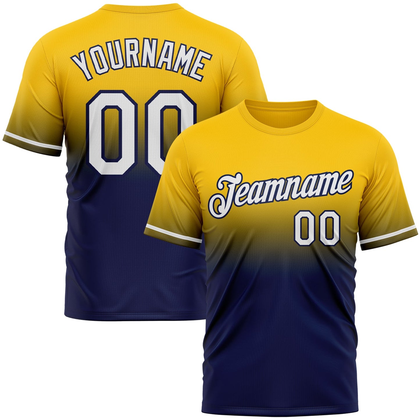 Custom Yellow White-Navy Fade Fashion Performance T-Shirt - Main View