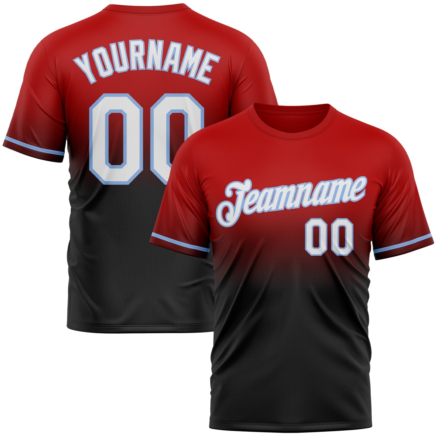Custom Red Black-Light Blue Fade Fashion Performance T-Shirt - Main View