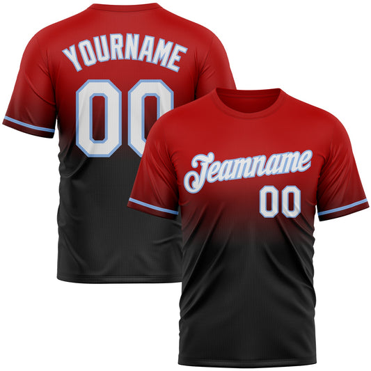 Custom Red Black-Light Blue Fade Fashion Performance T-Shirt - Main View