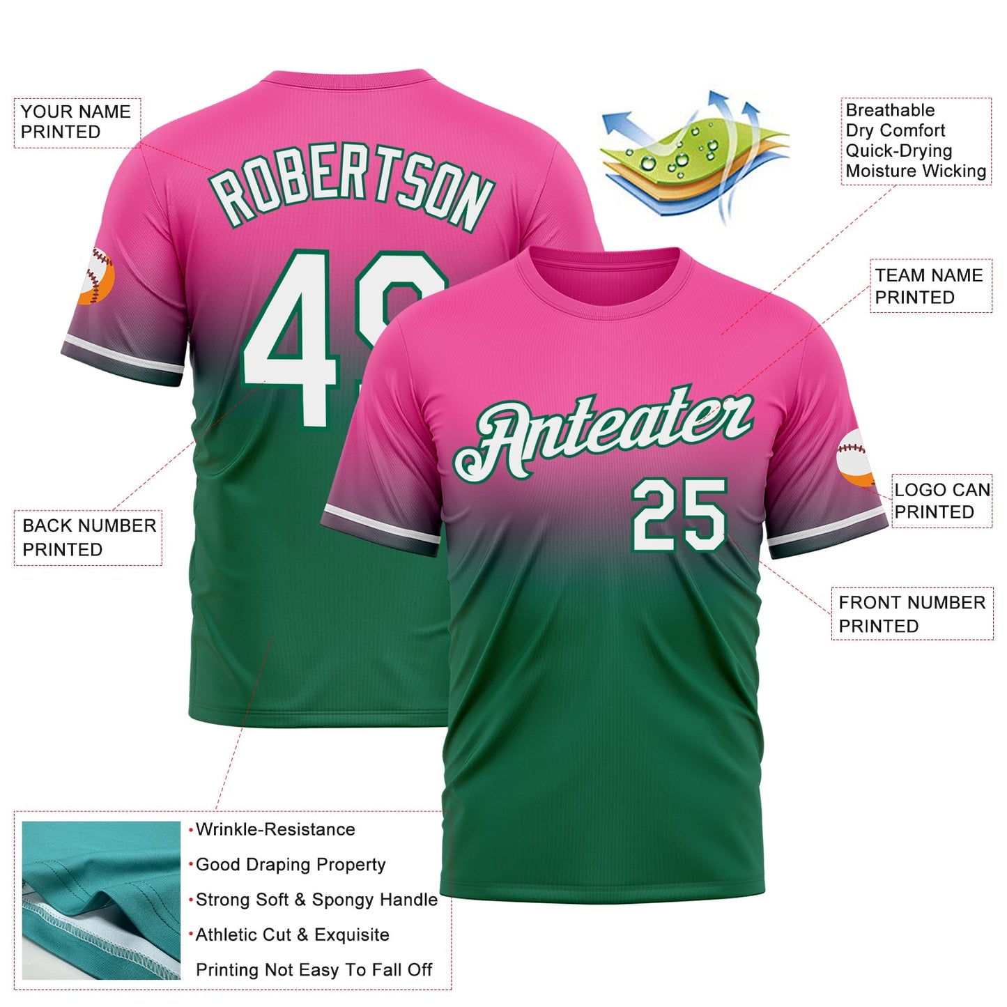 Custom Pink White-Kelly Green Fade Fashion Performance T-Shirt view 3