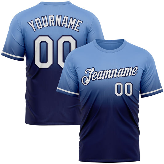 Custom Powder Blue White-Navy Fade Fashion Performance T-Shirt - Main View
