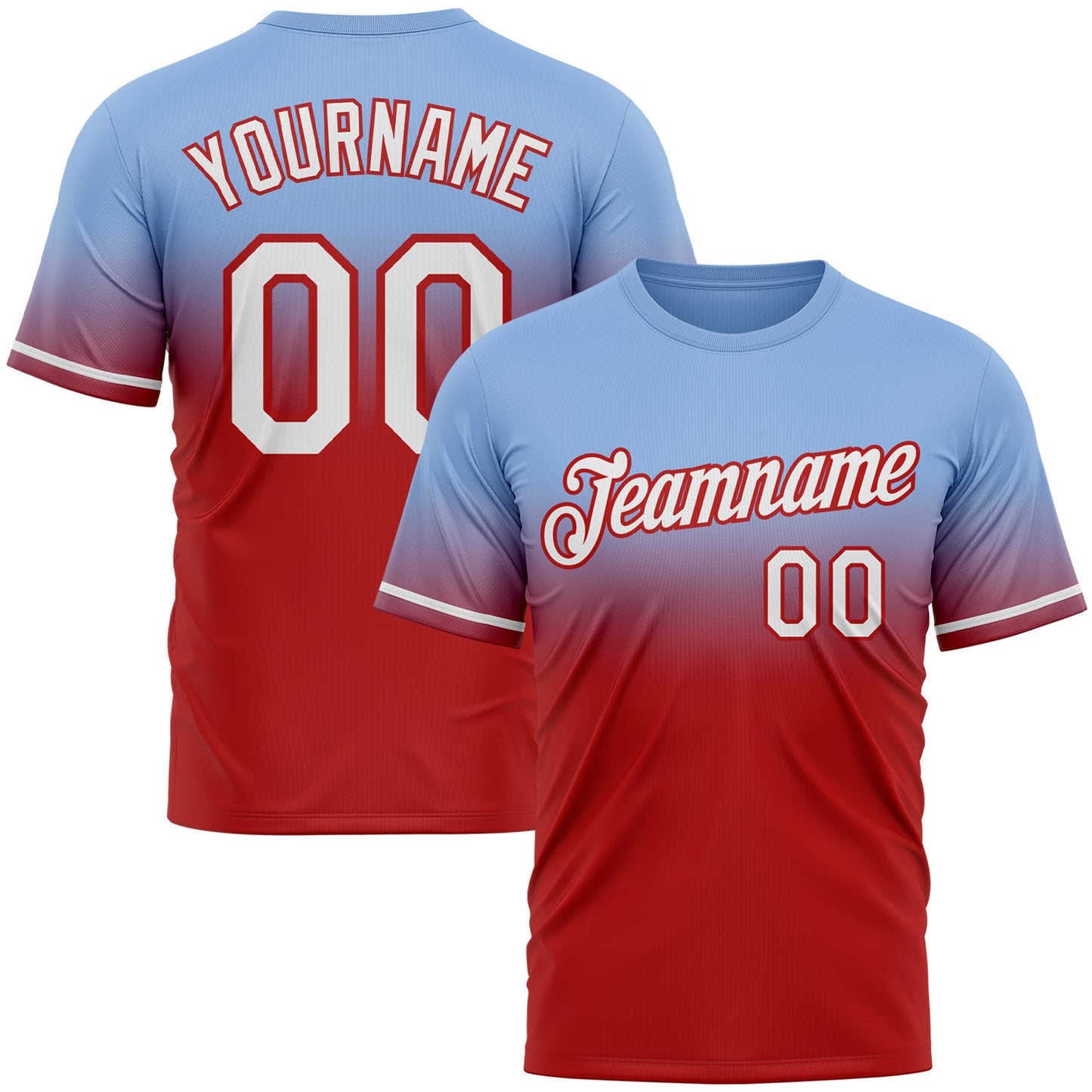 Custom Light Blue White-Red Fade Fashion Performance T-Shirt - Main View