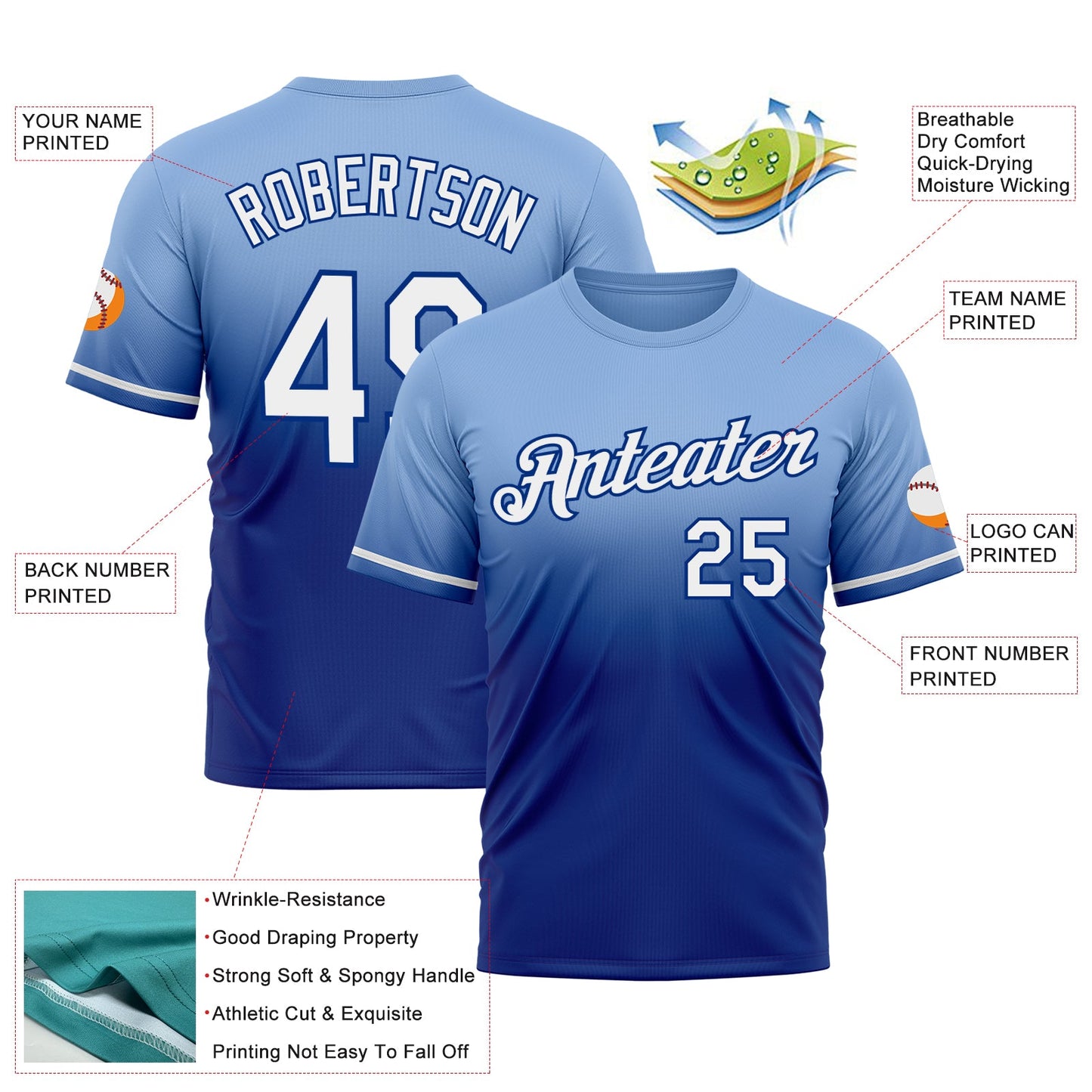 Custom Light Blue White-Royal Fade Fashion Performance T-Shirt view 3