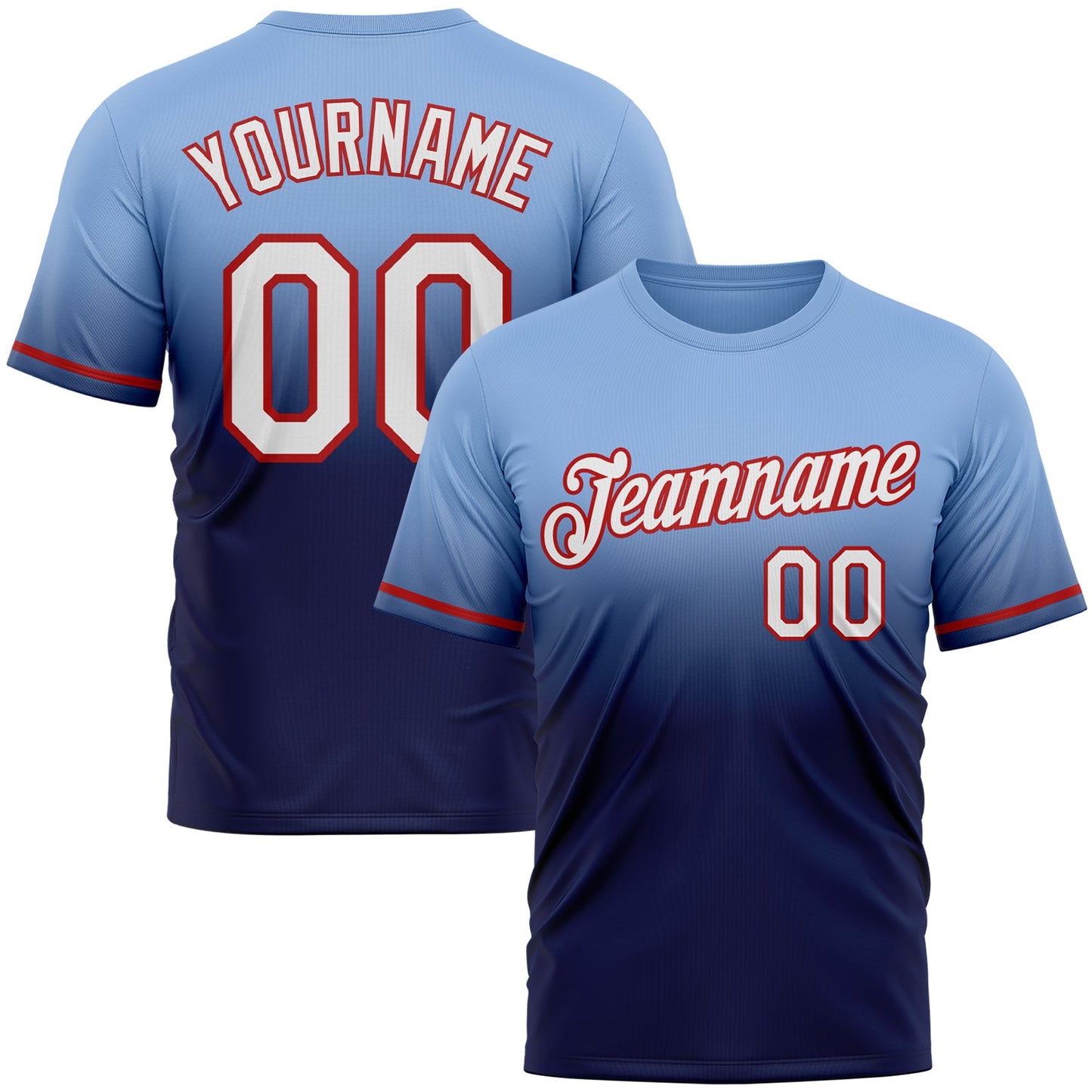 Custom Light Blue Navy-Red Fade Fashion Performance T-Shirt - Main View