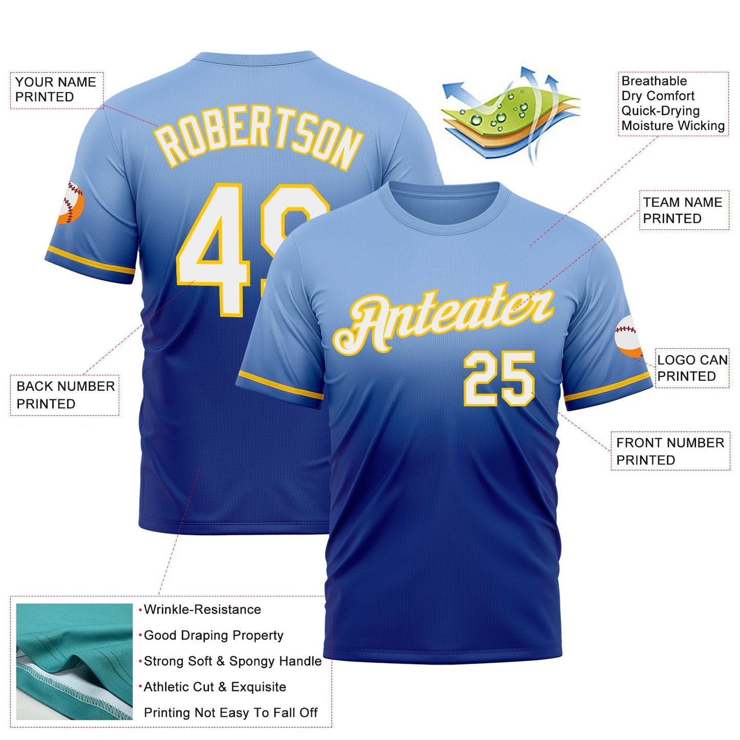 Custom Light Blue Royal-Yellow Fade Fashion Performance T-Shirt view 3