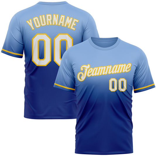 Custom Light Blue Royal-Yellow Fade Fashion Performance T-Shirt - Main View