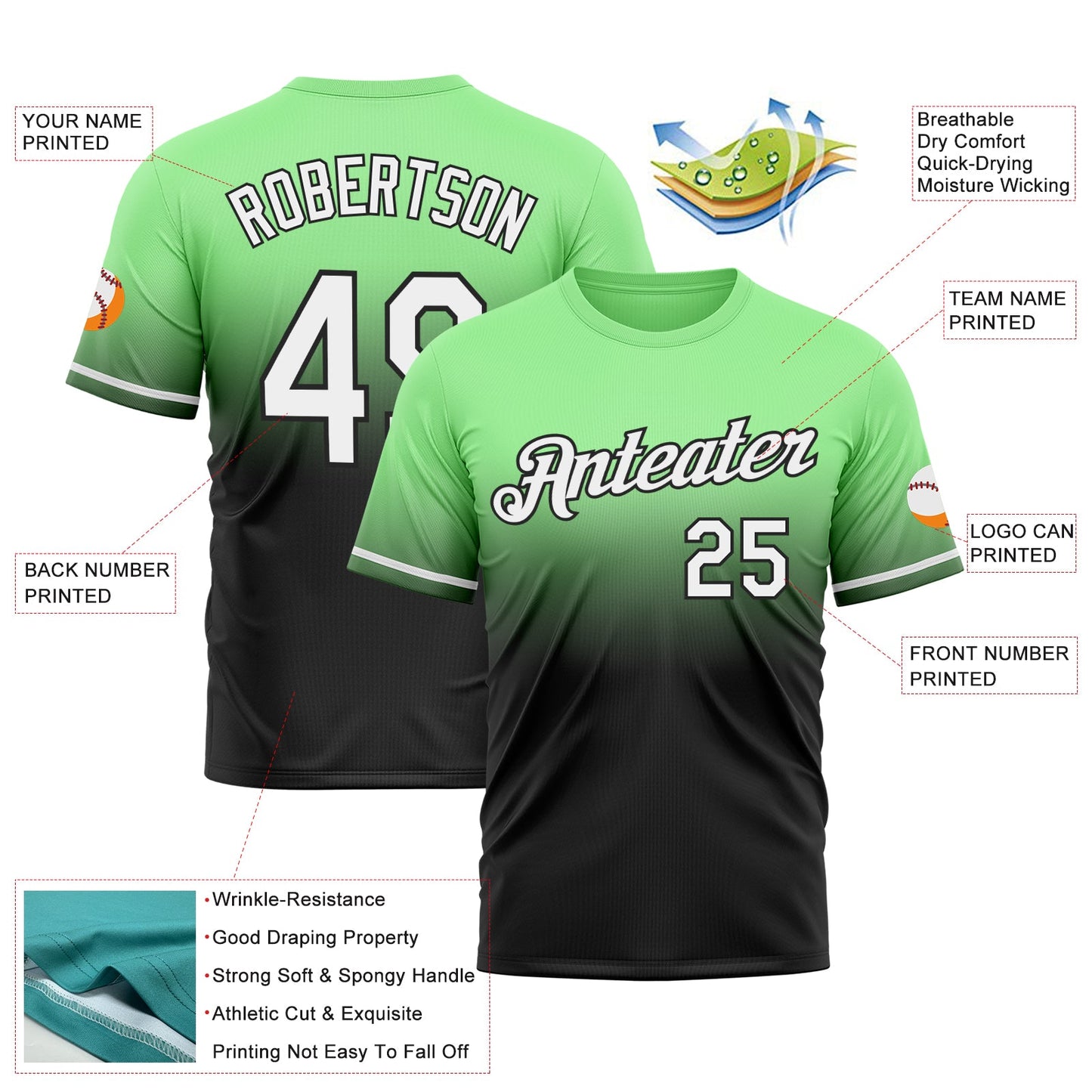 Custom Pea Green White-Black Fade Fashion Performance T-Shirt view 3