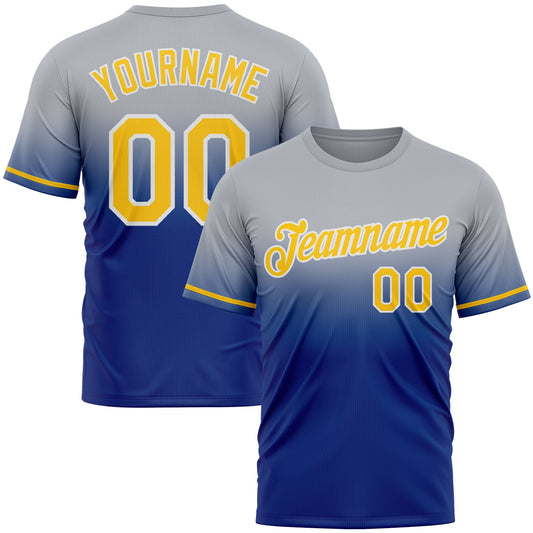 Custom Gray Yellow-Royal Fade Fashion Performance T-Shirt - Main View