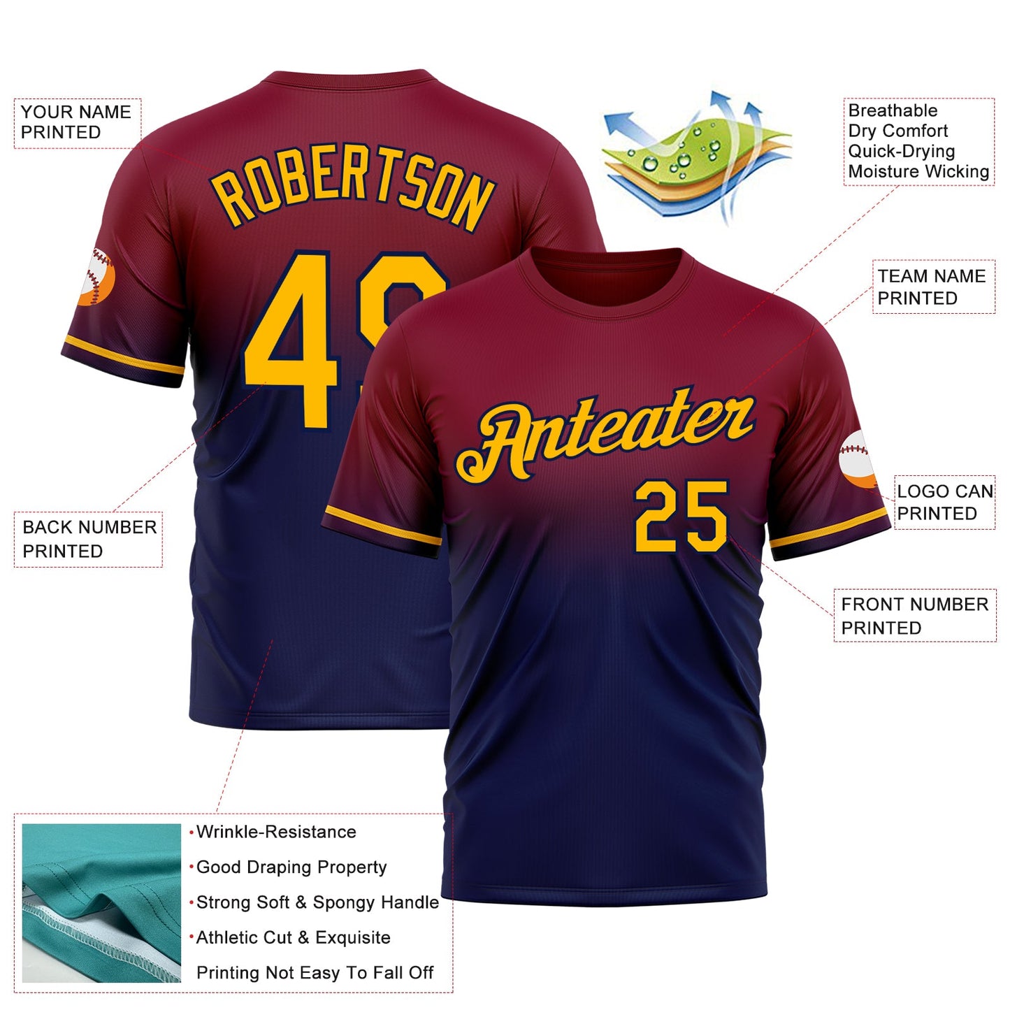 Custom Maroon Gold-Navy Fade Fashion Performance T-Shirt view 3