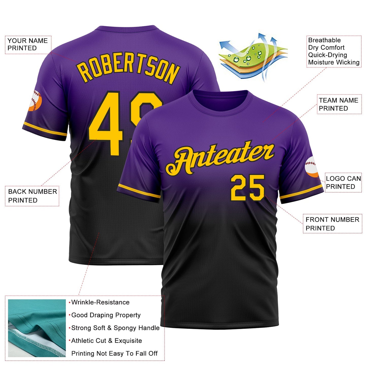 Custom Purple Yellow-Black Fade Fashion Performance T-Shirt view 3