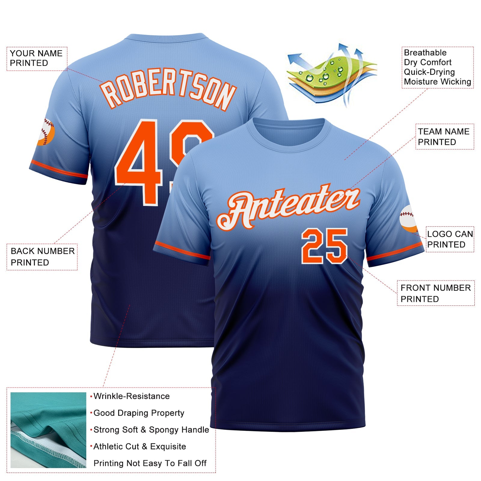 Custom Light Blue Orange-Navy Fade Fashion Performance T-Shirt view 3