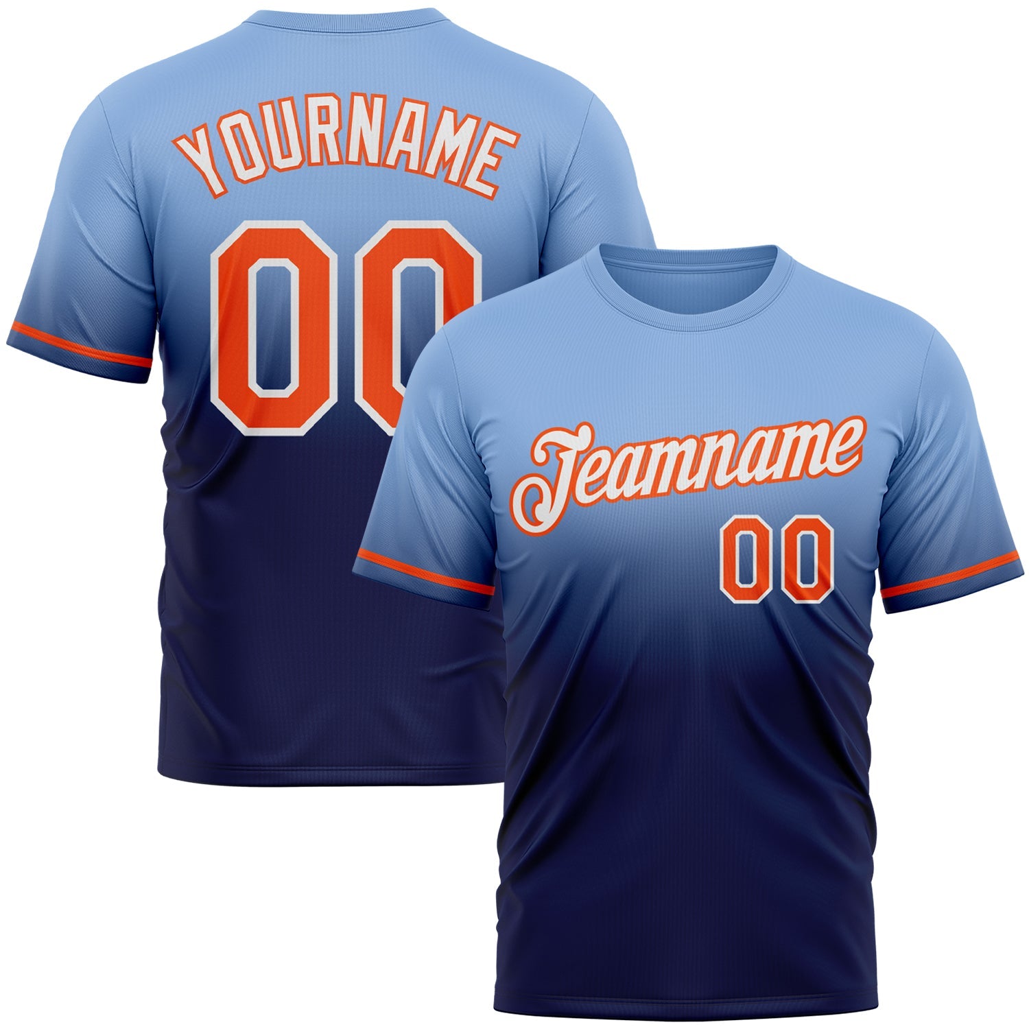 Custom Light Blue Orange-Navy Fade Fashion Performance T-Shirt - Main View