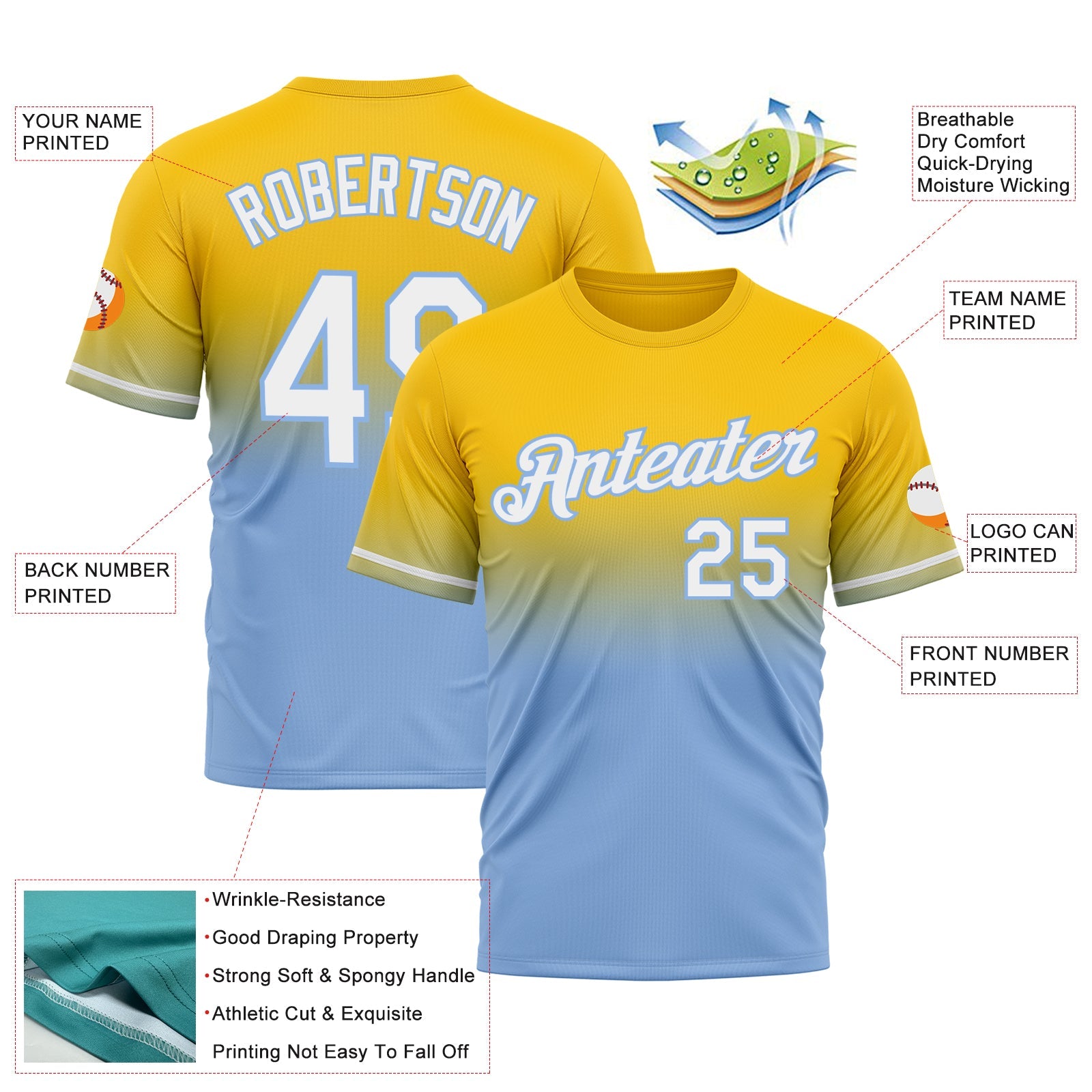 Custom Yellow White-Light Blue Fade Fashion Performance T-Shirt view 3