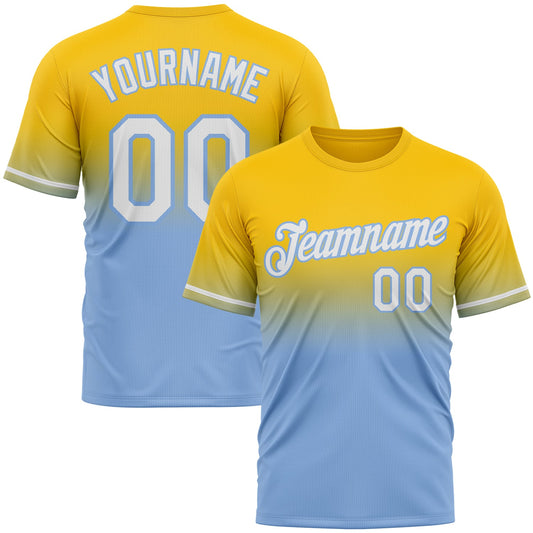 Custom Yellow White-Light Blue Fade Fashion Performance T-Shirt - Main View