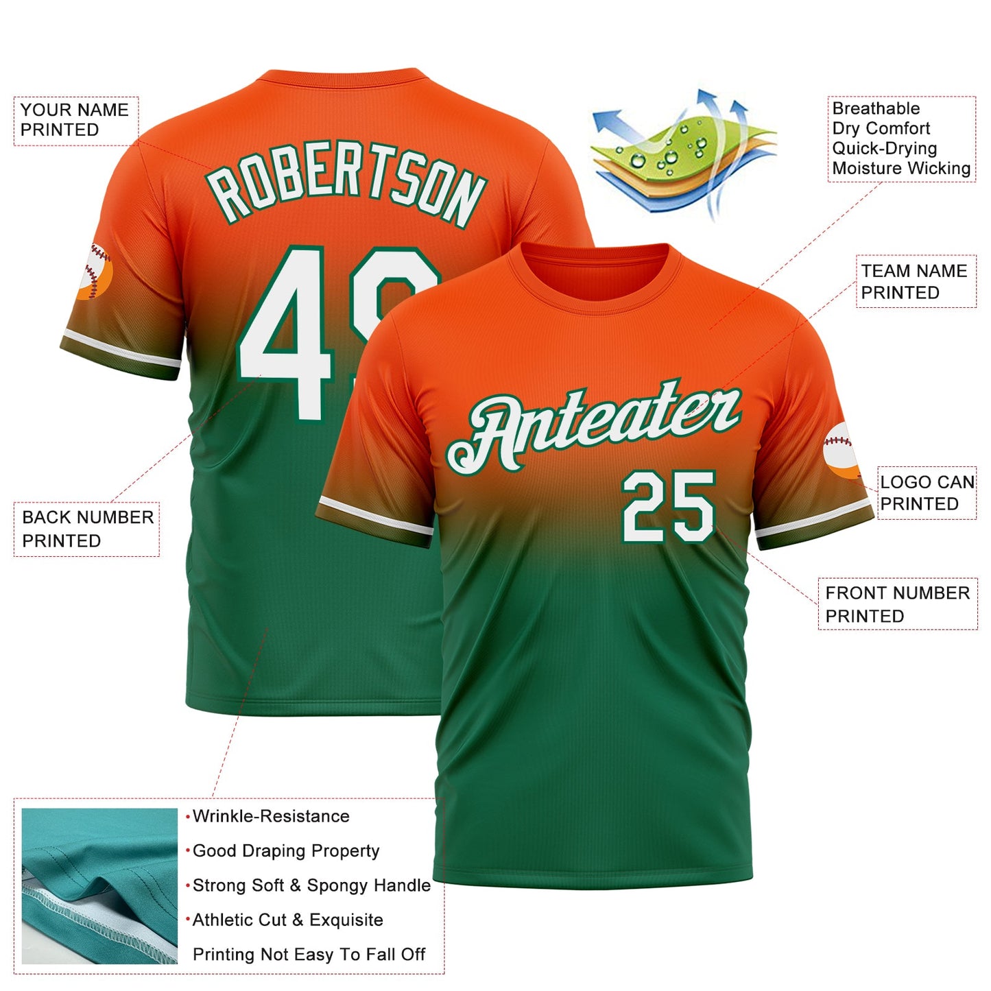 Custom Orange White-Kelly Green Fade Fashion Performance T-Shirt view 3