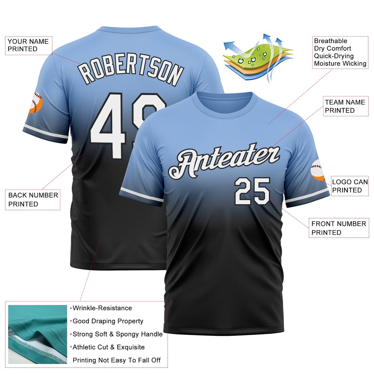 Custom Light Blue White-Black Fade Fashion Performance T-Shirt view 3