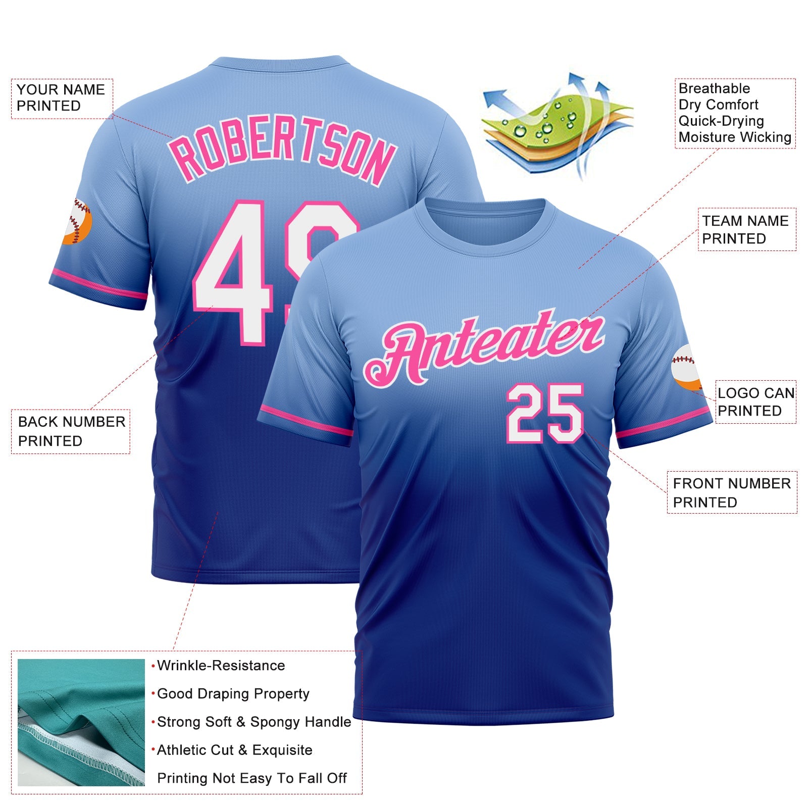 Custom Light Blue Royal-Pink Fade Fashion Performance T-Shirt view 3