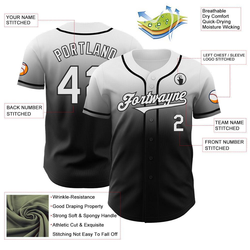 Custom White Black Authentic Fade Fashion Baseball Jersey view 3