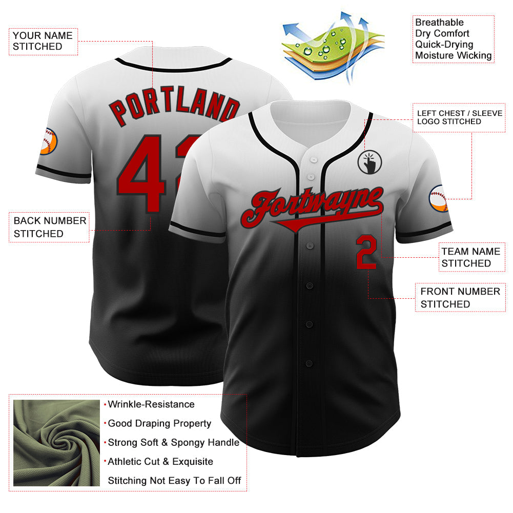 Custom White Red-Black Authentic Fade Fashion Baseball Jersey view 3