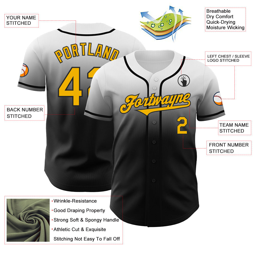 Custom White Gold-Black Authentic Fade Fashion Baseball Jersey view 3