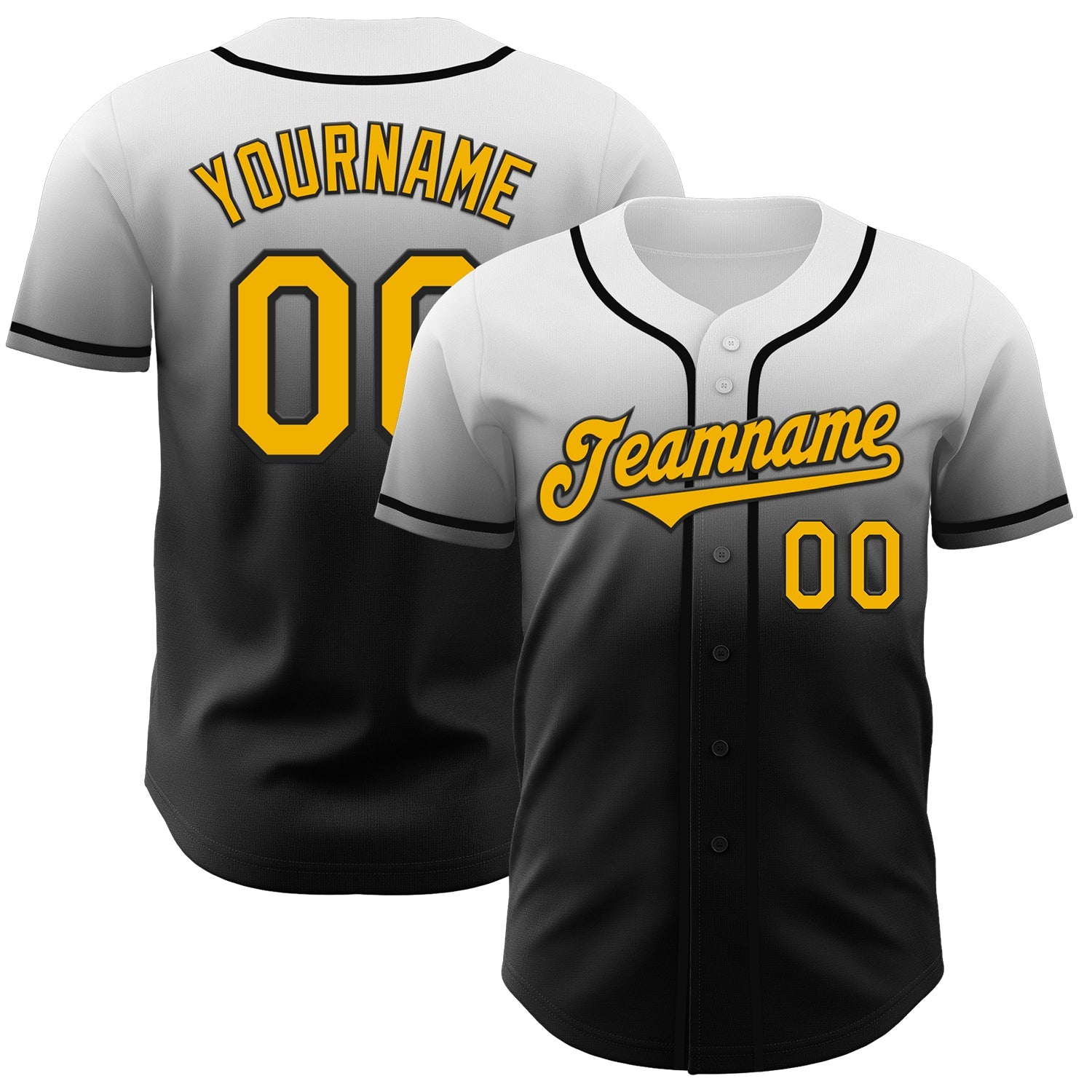 Custom White Gold-Black Authentic Fade Fashion Baseball Jersey - Main View