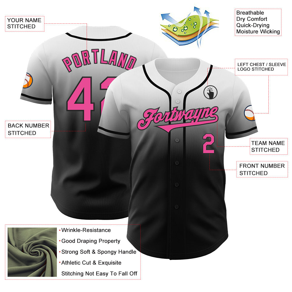 Custom White Pink-Black Authentic Fade Fashion Baseball Jersey view 3