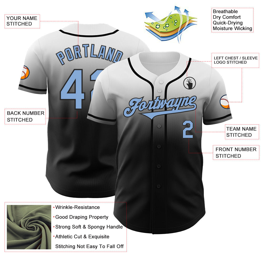 Custom White Light Blue-Black Authentic Fade Fashion Baseball Jersey view 3