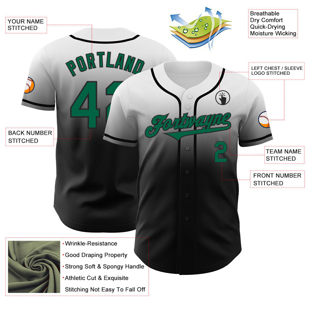 Custom White Kelly Green-Black Authentic Fade Fashion Baseball Jersey view 3