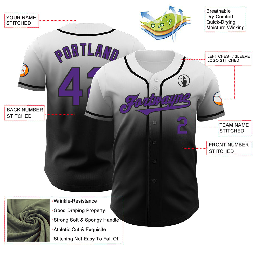 Custom White Purple-Black Authentic Fade Fashion Baseball Jersey view 3
