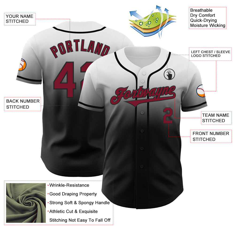 Custom White Crimson-Black Authentic Fade Fashion Baseball Jersey view 3