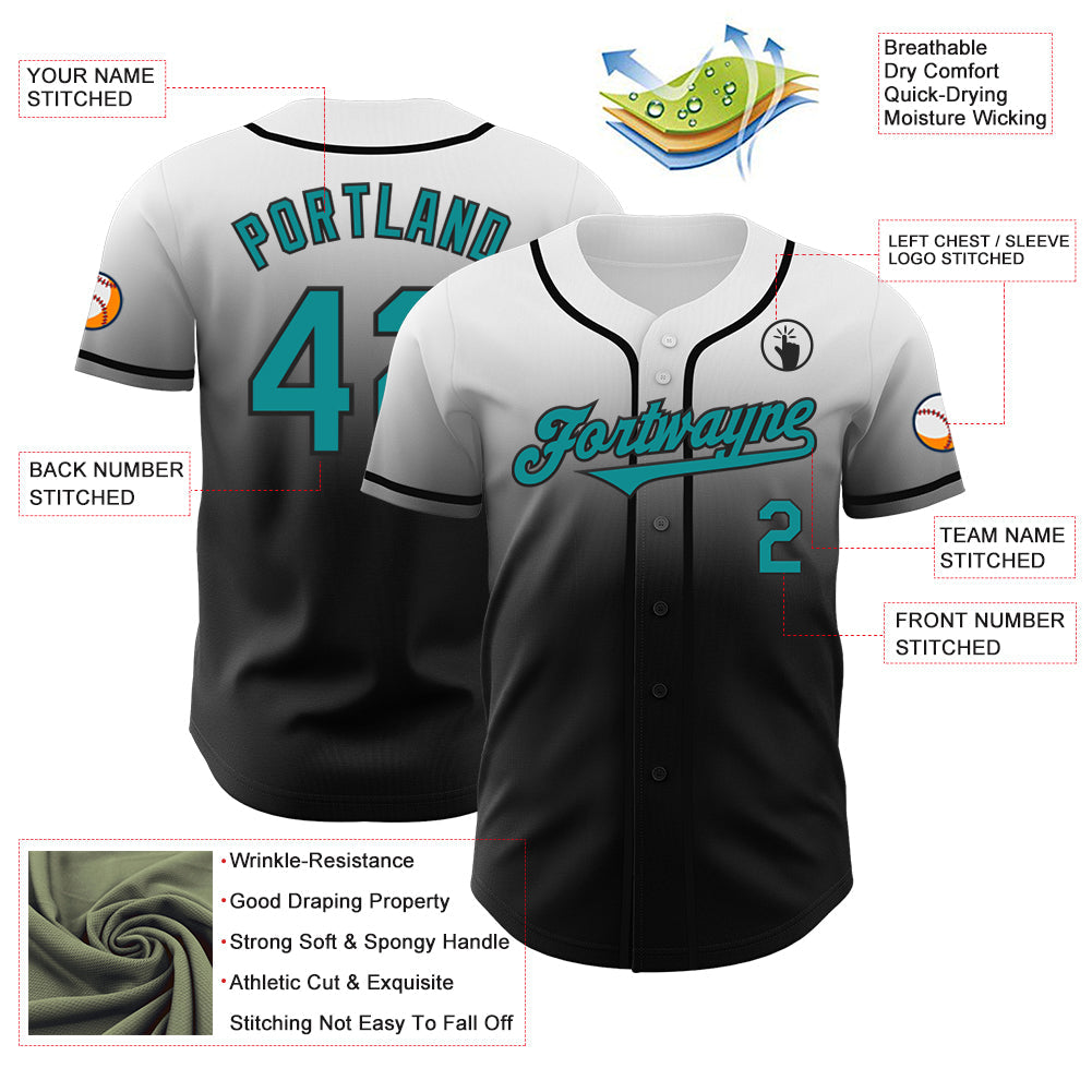 Custom White Teal-Black Authentic Fade Fashion Baseball Jersey view 3