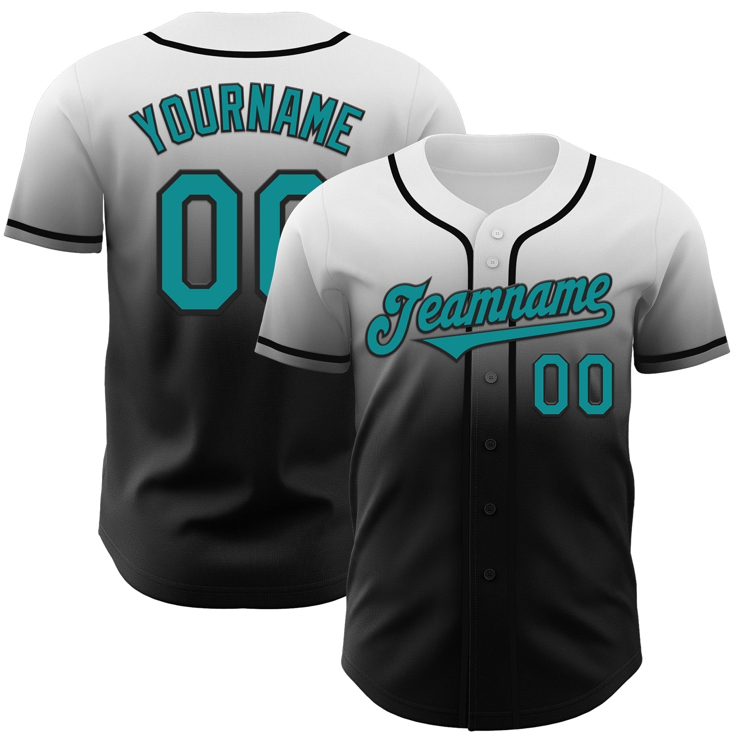 Custom White Teal-Black Authentic Fade Fashion Baseball Jersey - Main View