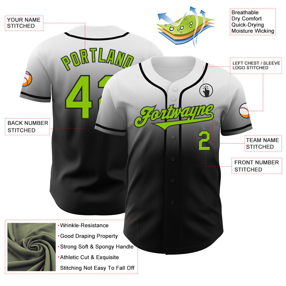 Custom White Neon Green-Black Authentic Fade Fashion Baseball Jersey view 3
