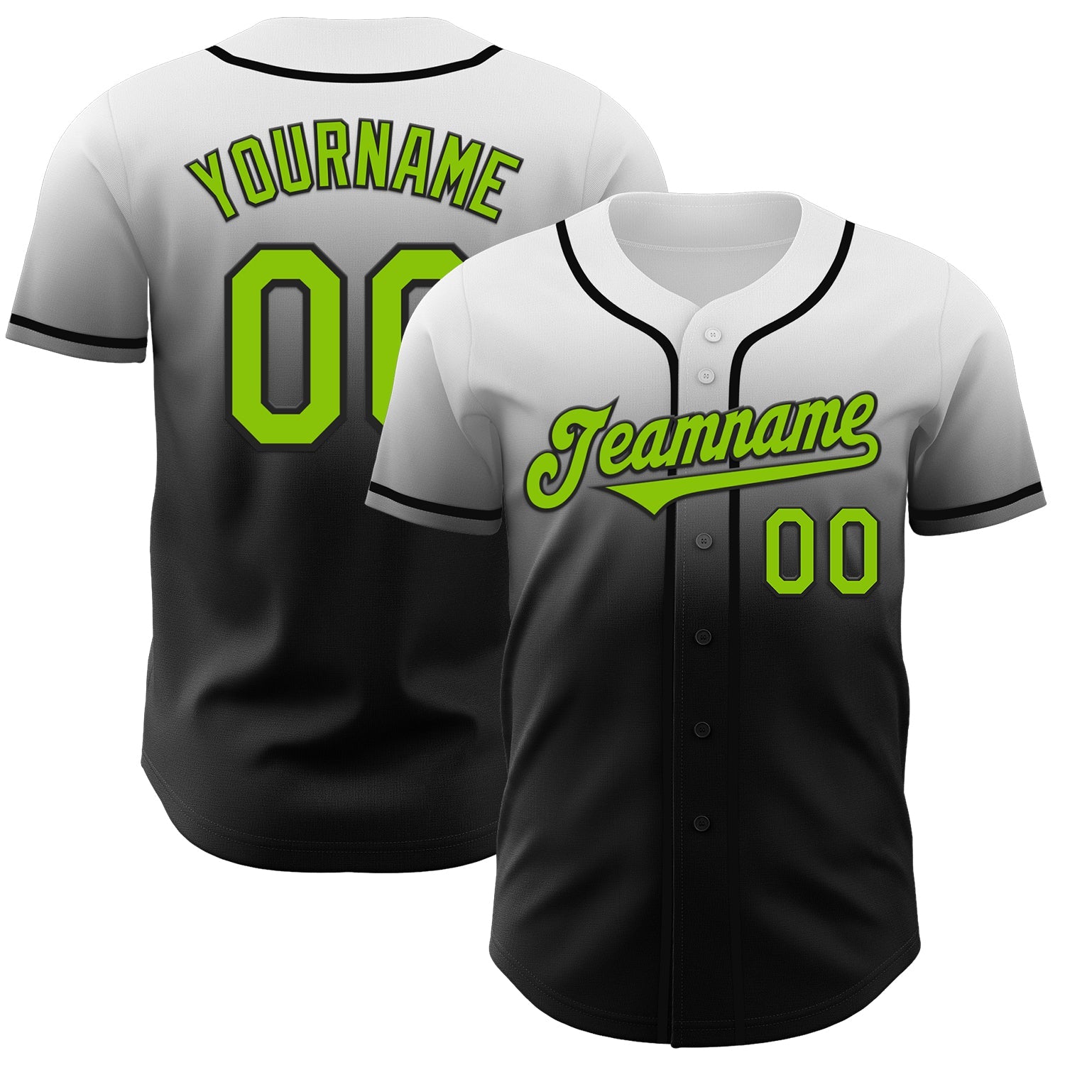 Custom White Neon Green-Black Authentic Fade Fashion Baseball Jersey - Main View
