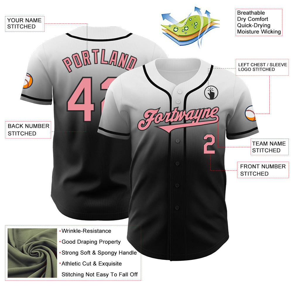 Custom White Medium Pink-Black Authentic Fade Fashion Baseball Jersey view 3