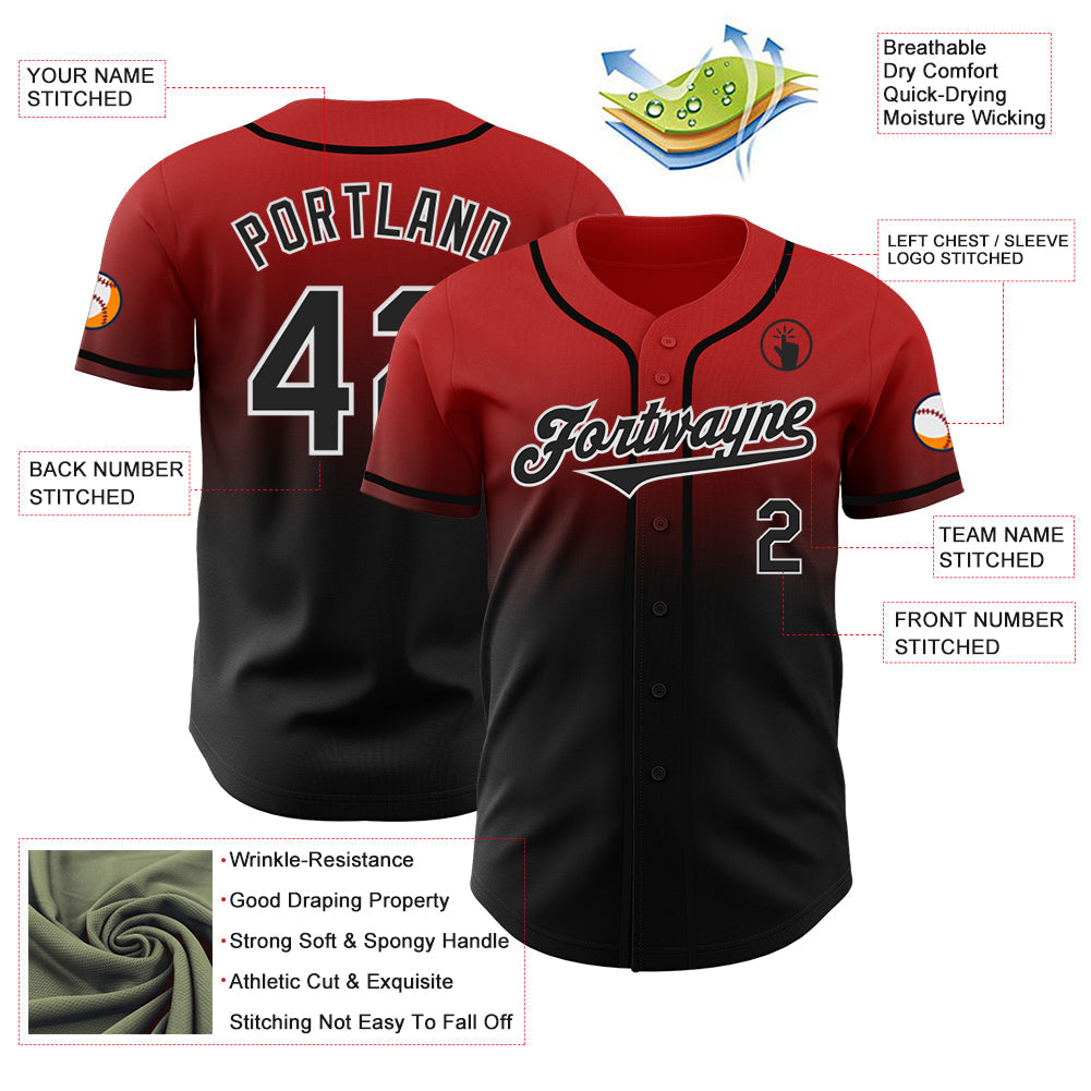 Custom Red Black-White Authentic Fade Fashion Baseball Jersey view 3