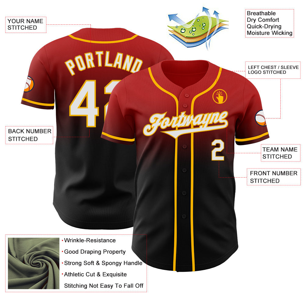 Custom Red Black-Gold Authentic Fade Fashion Baseball Jersey view 3