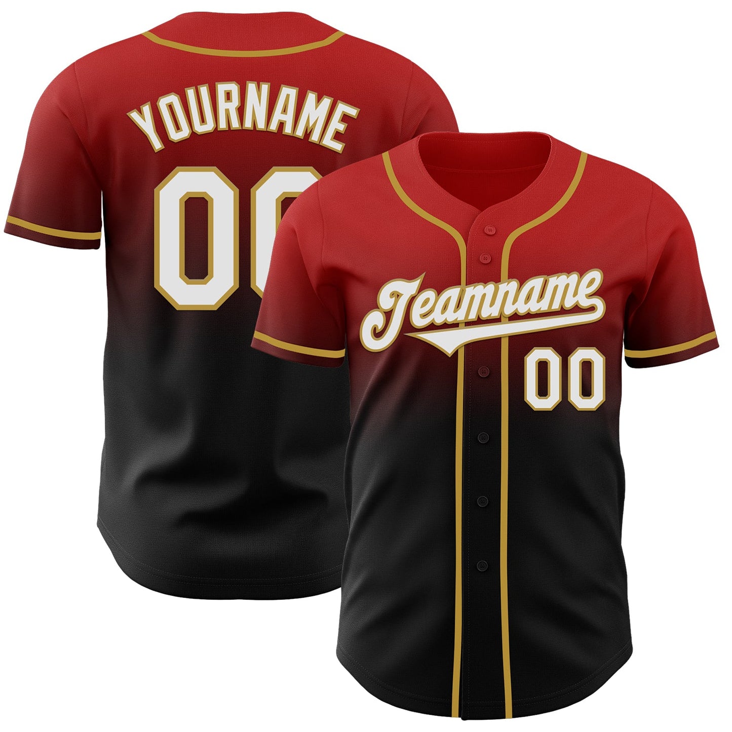 Custom Red Black-Old Gold Authentic Fade Fashion Baseball Jersey - Main View