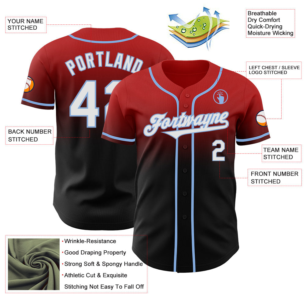 Custom Red Black-Light Blue Authentic Fade Fashion Baseball Jersey view 3