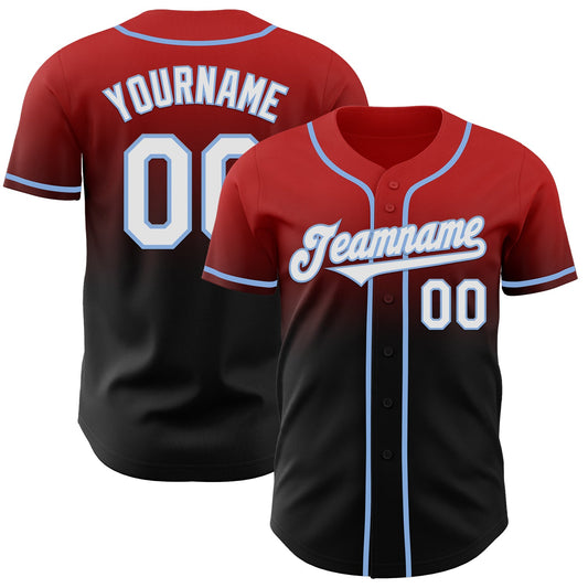 Custom Red Black-Light Blue Authentic Fade Fashion Baseball Jersey - Main View