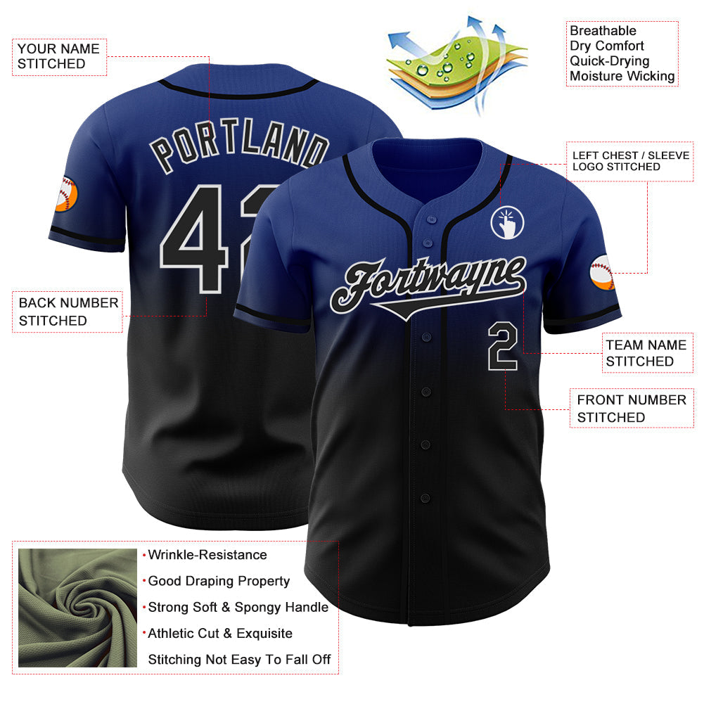 Custom Royal Black-White Authentic Fade Fashion Baseball Jersey view 3
