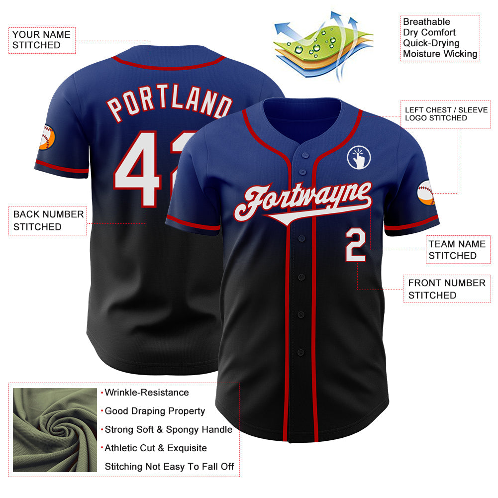Custom Royal Black-Red Authentic Fade Fashion Baseball Jersey view 3